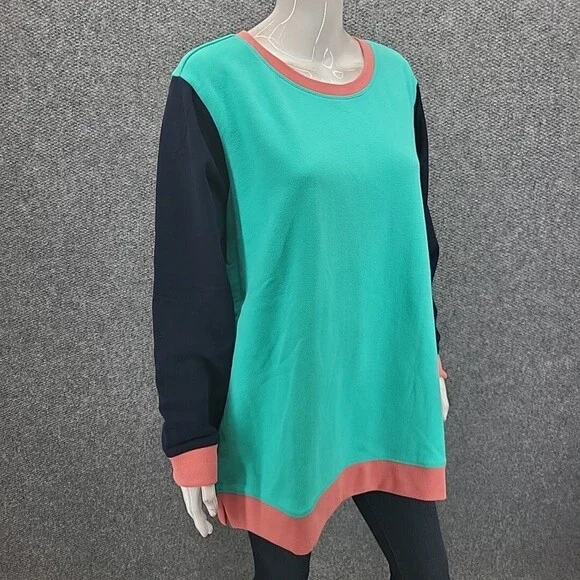 Lands End Womens Sweatshirt 1X Plus Sz Teal Colorblock Serious Sweats Pullover - Picture 5 of 10